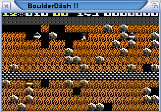BoulderDäsh Spielszene mit klassischem C64 Grafiksatz
